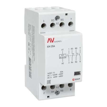 Контактор модульный КМ 25А 2NC+2NO 24В AC (2 мод.) AVERES EKF km-av-2-25-22-24V Контактор модульный КМ 25А 2NC+2NO 24В AC (2 мод.) AVERES EKF km-av-2-25-22-24V