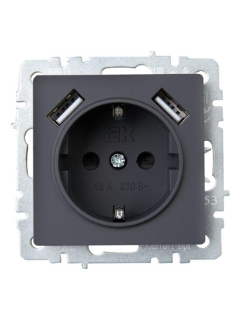 Розетка BRITE РЮш10-1-БрГ 16А с USB A+A 2.1А с заземл. защ. шторки механизм графит IEK BR-R14-16-U21-D21-K53 Розетка BRITE РЮш10-1-БрГ 16А с USB A+A 2.1А с заземл. защ. шторки механизм графит IEK BR-R14-16-U21-D21-K53