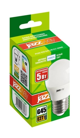 Лампа светодиодная PLED-ECO 5Вт G45 шар матовая 4000К нейтр. бел. E27 400лм 230В 50Гц JazzWay 1036988A Лампа светодиодная PLED-ECO 5Вт G45 шар матовая 4000К нейтр. бел. E27 400лм 230В 50Гц JazzWay 1036988A