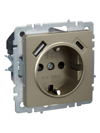 Розетка BRITE РЮш11-1-БрШ 16А с USB A+C 18Вт с заземл. защ. шторки механизм шампань IEK BR-R14-16-U22-018-K37 Розетка BRITE РЮш11-1-БрШ 16А с USB A+C 18Вт с заземл. защ. шторки механизм шампань IEK BR-R14-16-U22-018-K37