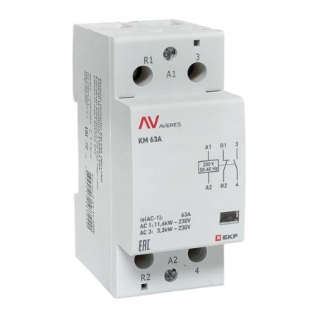 Контактор модульный КМ 63А 1NC+1NO 230В AC (2 мод.) AVERES EKF km-av-2-63-11-230V Контактор модульный КМ 63А 1NC+1NO 230В AC (2 мод.) AVERES EKF km-av-2-63-11-230V