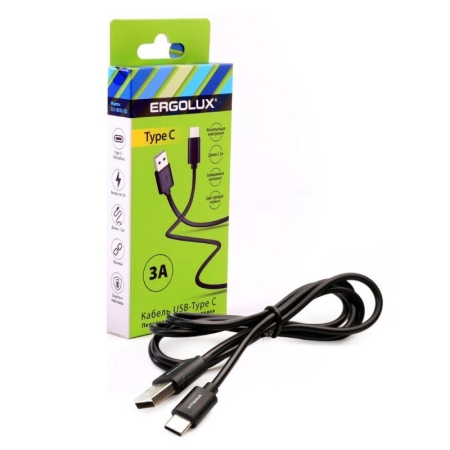 Кабель USB-Type C 3А 1.2м зарядка + передача данных черн. (коробка) ERGOLUX 15094 Кабель USB-Type C 3А 1.2м зарядка + передача данных черн. (коробка) ERGOLUX 15094