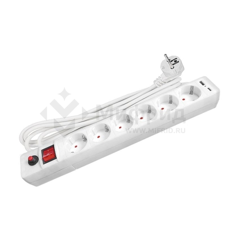 Удлинитель с сетевым фильтром 6х5м с заземл. 10А IP20 2.2кВт USB type-A + type-C ПВС 3х0.75 с выкл. бел. UNIVersal 2545