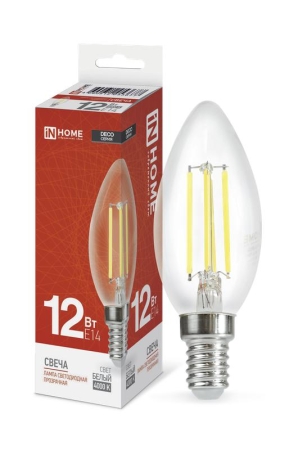 Лампа светодиодная LED-СВЕЧА-deco 12Вт 230В E14 4000К 1350лм прозрачная IN HOME 4690612053677 Лампа светодиодная LED-СВЕЧА-deco 12Вт 230В E14 4000К 1350лм прозрачная IN HOME 4690612053677