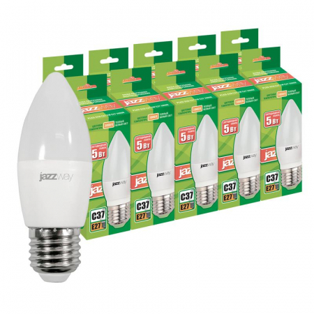 Лампа светодиодная PLED-ECO 5Вт C37 свеча 3000К тепл. бел. E27 400лм 230В 50Гц (уп.10шт) JazzWay 2856586 Лампа светодиодная PLED-ECO 5Вт C37 свеча 3000К тепл. бел. E27 400лм 230В 50Гц (уп.10шт) JazzWay 2856586
