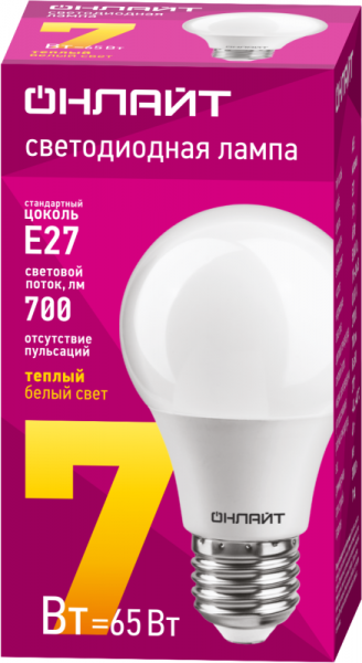 Лампа светодиодная 71 647 OLL-A60-7-230-2.7K-E27 7Вт грушевидная 2700К тепл. бел. E27 525лм 220-240В ОНЛАЙТ 71647