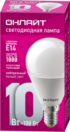 Лампа светодиодная 61 966 OLL-G45-10-230-4K-E14 10Вт шар 4000К нейтр. бел. E14 1000лм 176-264В ОНЛАЙТ 61966