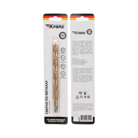 Сверло по металлу 10мм Р6М5 ТИТАН шестигранный хвостовик DIN 338 Kranz KR-91-5511