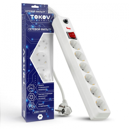 Удлинитель с сетевым фильтром 6х5м с заземл. с выкл. 16А с защ. от скачков напр. и перегрузок 3х1 бел. TOKOV ELECTRIC TKE-C01-SF6-5-ZV Удлинитель с сетевым фильтром 6х5м с заземл. с выкл. 16А с защ. от скачков напр. и перегрузок 3х1 бел. TOKOV ELECTRIC TKE-C01-SF6-5-ZV