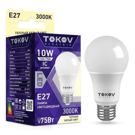 Лампа светодиодная 10Вт А60 3000К Е27 176-264В TOKOV ELECTRIC TKE-A60-E27-10-3K Лампа светодиодная 10Вт А60 3000К Е27 176-264В TOKOV ELECTRIC TKE-A60-E27-10-3K