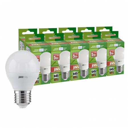 Лампа светодиодная PLED-ECO 5Вт G45 шар 4000К нейтр. бел. E27 400лм 230В 50Гц (уп.10шт) JazzWay 2856685 Лампа светодиодная PLED-ECO 5Вт G45 шар 4000К нейтр. бел. E27 400лм 230В 50Гц (уп.10шт) JazzWay 2856685