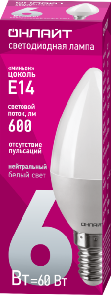 Лампа светодиодная 71 629 OLL-C37-6-230-4K-E14-FR 6Вт свеча 4000К нейтр. бел. E14 600лм 176-264В ОНЛАЙТ 71629