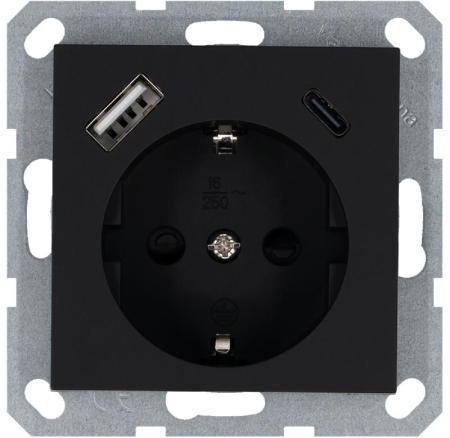 Розетка Shuko 16А с заземл. защ. шторки с 2-мя заряд. устройствами USB тип A+C 25Вт механизм черн. матов. soft touch Jasmart G5501USB-25PB Розетка Shuko 16А с заземл. защ. шторки с 2-мя заряд. устройствами USB тип A+C 25Вт механизм черн. матов. soft touch Jasmart G5501USB-25PB