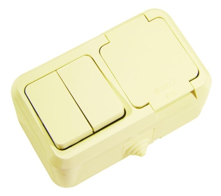 Блок выключатель 2-кл. + розетка с крышкой IP44 крем. Makel 18251