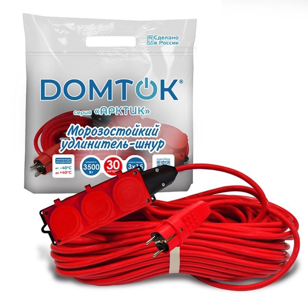 Удлинитель 3х30м с заземл. 16А IP44 3.5кВт КГ 3х1.5 с защ. крышкой АРКТИК морозостойкий DOMTOK 2601 Удлинитель 3х30м с заземл. 16А IP44 3.5кВт КГ 3х1.5 с защ. крышкой АРКТИК морозостойкий DOMTOK 2601
