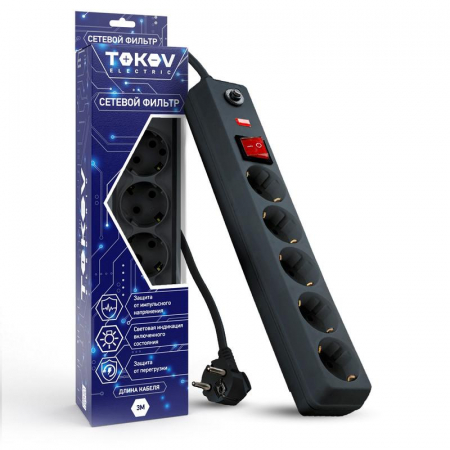 Удлинитель с сетевым фильтром 5х3м с заземл. с выкл. 16А с защ. от скачков напр. и перегрузок 3х1 сер. TOKOV ELECTRIC TKE-C06-SF5-3-ZV Удлинитель с сетевым фильтром 5х3м с заземл. с выкл. 16А с защ. от скачков напр. и перегрузок 3х1 сер. TOKOV ELECTRIC TKE-C06-SF5-3-ZV