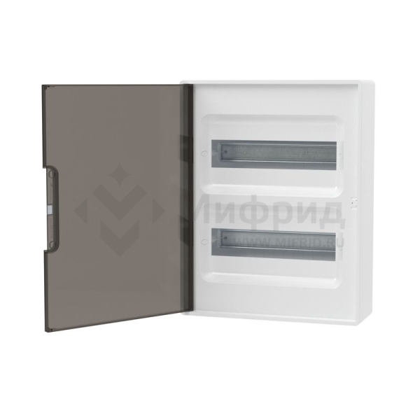 Щиток настенный Фрейм (FRAME) ЩРн-п-24 24мод. с тонированной дверцей с шин. PEN 2шт 8 отверст. + 2шт 6 отверст. бел. DKC F24W1WD