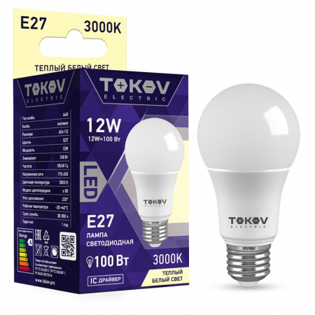 Лампа светодиодная 12Вт А60 3000К Е27 176-264В TOKOV ELECTRIC TKE-A60-E27-12-3K Лампа светодиодная 12Вт А60 3000К Е27 176-264В TOKOV ELECTRIC TKE-A60-E27-12-3K