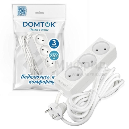 Удлинитель 3х3м без заземл. 10А IP20 2.2кВт ПВС 2х0.75 бел. DOMTOK 2371