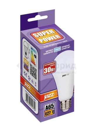 Лампа светодиодная PLED-SP 30Вт A65 5000К холод. бел. E27 230/50 JazzWay 5019720