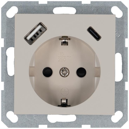 Розетка Shuko 16А с заземл. защ. шторки с 2-мя заряд. устройствами USB тип A+C 25Вт механизм тауп Jasmart G5501USB-25T Розетка Shuko 16А с заземл. защ. шторки с 2-мя заряд. устройствами USB тип A+C 25Вт механизм тауп Jasmart G5501USB-25T