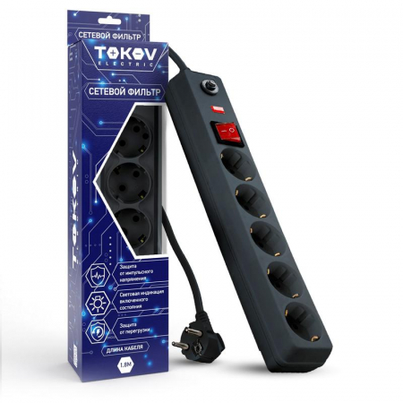 Удлинитель с сетевым фильтром 5х1.8м с заземл. с выкл. 16А с защ. от скачков напр. и перегрузок 3х1 сер. TOKOV ELECTRIC TKE-C06-SF5-1.8-ZV Удлинитель с сетевым фильтром 5х1.8м с заземл. с выкл. 16А с защ. от скачков напр. и перегрузок 3х1 сер. TOKOV ELECTRIC TKE-C06-SF5-1.8-ZV