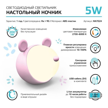 Светильник настольный Qplus 5Вт 2700-6000К 200лм 5В аккум. Li-ion 1200мА.ч диммир. ночник роз. GAUSS NN7024 Светильник настольный Qplus 5Вт 2700-6000К 200лм 5В аккум. Li-ion 1200мА.ч диммир. ночник роз. GAUSS NN7024