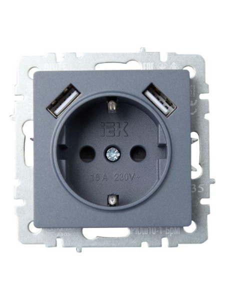 Розетка BRITE РЮш10-1-БрМ 16А с USB A+A 2.1А с заземл. защ. шторки механизм маренго IEK BR-R14-16-U21-D21-K35
