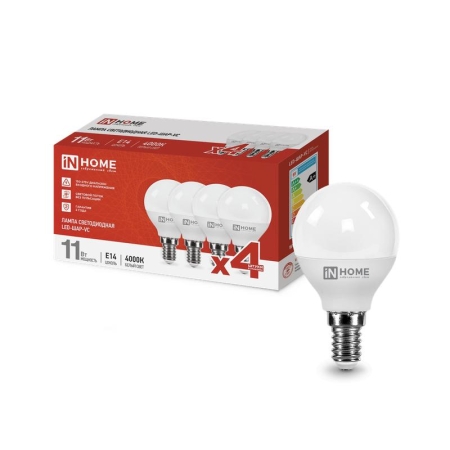 Лампа светодиодная LED-ШАР-VC 4PACK 11Вт 230В E14 4000К 1050лм (уп.4шт) IN HOME 4690612047874 Лампа светодиодная LED-ШАР-VC 4PACK 11Вт 230В E14 4000К 1050лм (уп.4шт) IN HOME 4690612047874