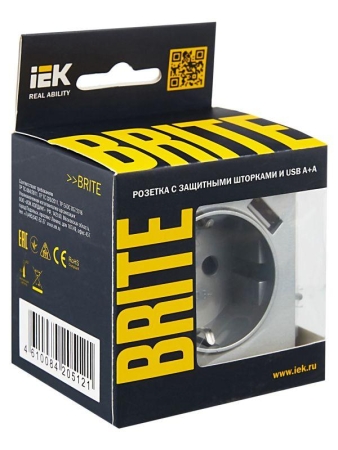 Розетка BRITE РЮш10-2-БрА 16А с USB A+A 3.1А с заземл. защ. шторки механизм алюм. IEK BR-R14-16-U21-D31-K47
