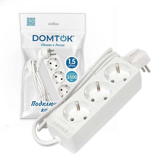 Удлинитель 3х1.5м с заземл. 16А IP20 3.5кВт ПВС 3х1 бел. DOMTOK 2389 Удлинитель 3х1.5м с заземл. 16А IP20 3.5кВт ПВС 3х1 бел. DOMTOK 2389