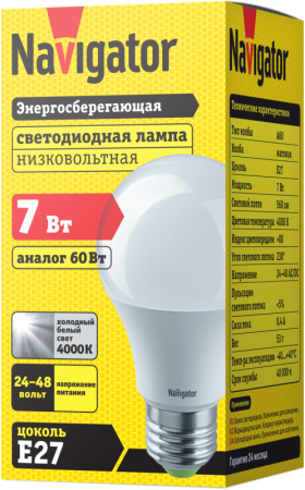 Лампа светодиодная 61 474 NLL-A60-7-24/48-4K-E27 7Вт грушевидная матовая 4000К нейтр. бел. E27 560лм 24-48В низковольтная Navigator 61474 Лампа светодиодная 61 474 NLL-A60-7-24/48-4K-E27 7Вт грушевидная матовая 4000К нейтр. бел. E27 560лм 24-48В низковольтная Navigator 61474