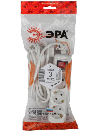 Удлинитель 3х3м с заземл. 10А IP20 UX-3es-3m ПВС 3х0.75 с выкл. Эра Б0035751