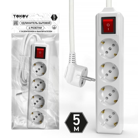 Удлинитель 4х5м с заземл. с выкл. 10А 3х1.5 TOKOV LIGHT TKL-C01-BU4-5-1.5-ZV Удлинитель 4х5м с заземл. с выкл. 10А 3х1.5 TOKOV LIGHT TKL-C01-BU4-5-1.5-ZV