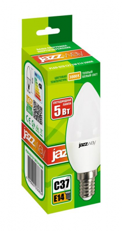 Лампа светодиодная PLED-ECO 5Вт C37 свеча матовая 3000К тепл. бел. E14 400лм 230В 50Гц JazzWay 1036834A Лампа светодиодная PLED-ECO 5Вт C37 свеча матовая 3000К тепл. бел. E14 400лм 230В 50Гц JazzWay 1036834A