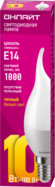 Лампа светодиодная 61 962 OLL-FC37-10-230-2.7K-E14-FR 10Вт свеча на ветру 2700К тепл. бел. E14 1000лм 176-264В ОНЛАЙТ 61962