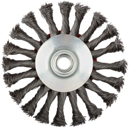 Корщетка-колесо с наклоном гайка М14 стальная витая проволока 125мм FIT 39116 Корщетка-колесо с наклоном гайка М14 стальная витая проволока 125мм FIT 39116