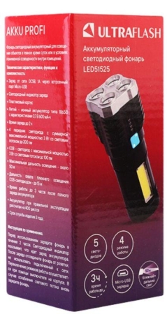 Фонарь аккумуляторный LED51525 4В 4LED+COB 3Вт 4 реж. Micro USB черн. (бокс) Ultraflash 15195