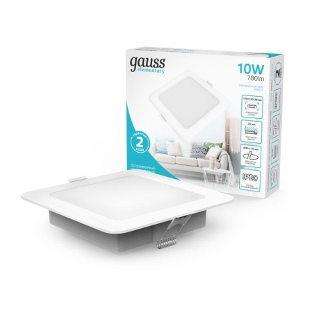 Светильник светодиодный Elementary Downlight 10Вт 4000К 780лм 170-260В IP20 120х26 квадрат монтаж бел. GAUSS 998420209 Светильник светодиодный Elementary Downlight 10Вт 4000К 780лм 170-260В IP20 120х26 квадрат монтаж бел. GAUSS 998420209