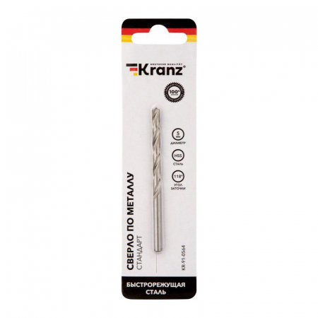 Сверло по металлу 5.0мм HSS DIN 338 (уп.1шт) Kranz KR-91-0564