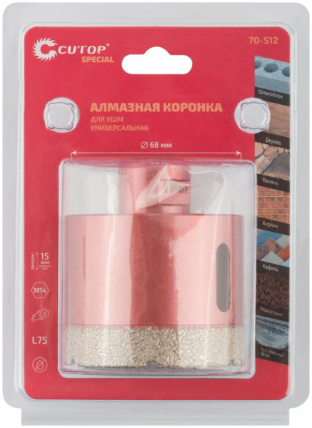 Коронка алмазная универсальная для УШМ Special 68х15хМ14х75мм Cutop 70-512 Коронка алмазная универсальная для УШМ Special 68х15хМ14х75мм Cutop 70-512