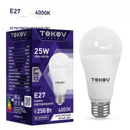 Лампа светодиодная 25Вт А60 4000К Е27 176-264В TOKOV ELECTRIC TKE-A60-E27-25-4K Лампа светодиодная 25Вт А60 4000К Е27 176-264В TOKOV ELECTRIC TKE-A60-E27-25-4K