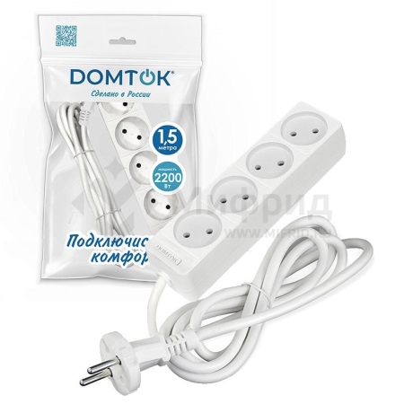 Удлинитель 4х1.5м без заземл. 10А IP20 2.2кВт ПВС 2х1 бел. DOMTOK 2354