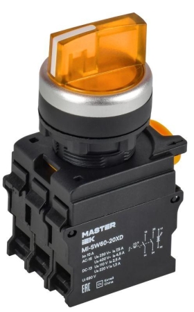 Переключатель 3 полож. 2НО с подсветкой желт. MASTER IEK MI-SW60-20XD-4-14-3-K05 Переключатель 3 полож. 2НО с подсветкой желт. MASTER IEK MI-SW60-20XD-4-14-3-K05