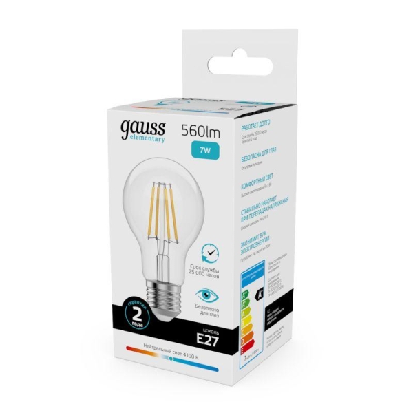 Лампа светодиодная филаментная Filament Elementary А60 7Вт 4100К Е27 560лм GAUSS 22227