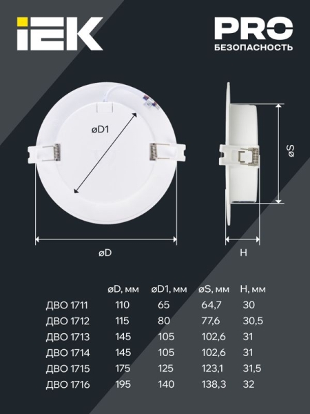 Светильник светодиодный ДВО 1714 12Вт 6500К IP40 даунлайт встраив. круг бел. IEK LDVO0-1714-12-6500-K01