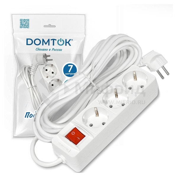 Удлинитель 3х7м с заземл. 16А IP20 3.5кВт ПВС 3х1 с выкл. бел. DOMTOK 2383