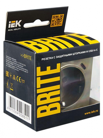 Розетка BRITE РЮш11-1-БрШ 16А с USB A+C 18Вт с заземл. защ. шторки механизм шампань IEK BR-R14-16-U22-018-K37 Розетка BRITE РЮш11-1-БрШ 16А с USB A+C 18Вт с заземл. защ. шторки механизм шампань IEK BR-R14-16-U22-018-K37