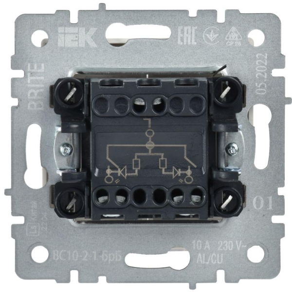 Выключатель 2-кл. СП BRITE ВС10-2-1-БрБ 10А с индик. механизм бел. IEK BR-V20-1-10-K01