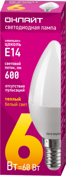 Лампа светодиодная 71 628 OLL-C37-6-230-2.7K-E14-FR 6Вт свеча 2700К тепл. бел. E14 450лм 220-240В ОНЛАЙТ 71628
